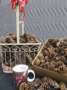 GORGEOUS VINTAGE METAL BASKET FILLED WITH PINECONES PLUS