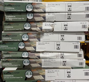 lot 43 image: 8 case Traffic Master Commercial Self-stick Assorted Carpet Tiles  320 Sq Ft
