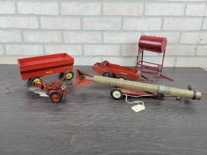 lot 1295 image: Tru-Scale Flare Box (8 Long), McCormick 2-Bottom Plow (6 Long), McCormick- Deering Spreader (10 Long), Auger (17 Long) And Fuel Barrel