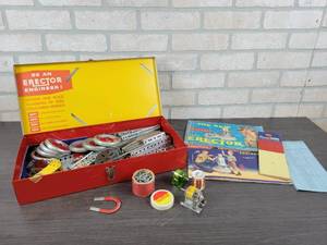 lot 1380 image: Vintage ERECTOR Set in Original Steel Case - Model DC-3 Motor, Wheels, Braces, Platforms, Motor, Wire and More