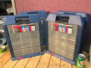 lot 114 image: 4 Rubbermaid Drop Bins Organizers