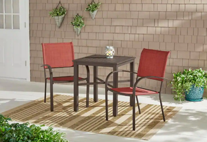 lot 28 image: LOT OF 2. Mix and Match Stationary Stackable Steel Split Back Sling Outdoor Patio Dining Chair in Conley Chili Red (2-Pack)