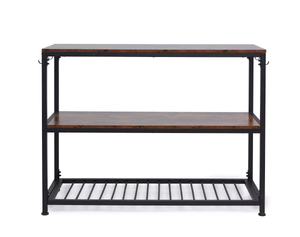 lot 19 image: Merra 47.2 in. Deep Walnut Rectangle Wood Console Table Kitchen Island with Shelves and Side Hooks