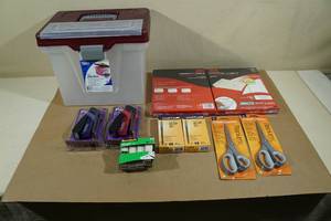 lot 185 image: Office in a Box - File Box, Scissors, Labels, Stapler, Pens, Tape