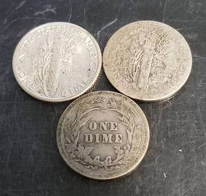 lot 22 image: 3 SILVER DIMES 1912 BARBER 1918-S 1937-D MERCURY