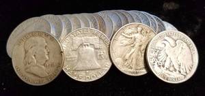 lot 29 image: ROLL OF 20 SILVER HALF DOLLARS 9 FRANKLIN 11 WALKERS
