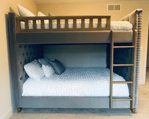 lot 1 image: Restoration Hardware Grey Tufted Bunk Beds with DKNY and Ralph Lauren Bedding
