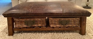 lot 47 image: Lovely Leather Top Ottoman with Removable Wicker Storage Baskets