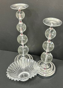 lot 61 image: Whimsical and Elegant Decor - Pair of Stacked Sphere Candle Holders and Crystal Bowl