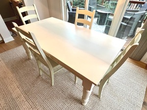 lot 27 image: Pottery Barn Bander Dining Room Table and Four Wynn Ladderback chairs