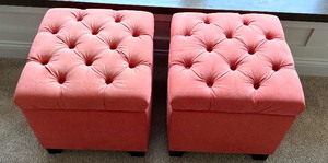 lot 64 image: Pair of Pottery Barn Coral Colored Tufted Storage Cubes