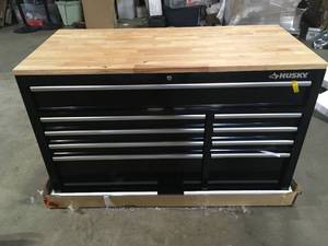 Husky 52 in. W x 25 in. D Standard Duty 9-Drawer Mobile Workbench Tool Chest with Solid Wood Top in Gloss Black customer returns review pictures