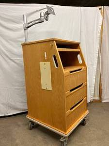 lot 30 image: Wood 3 Drawer Wood Cabinet Cart Podium With Ergotron Arm - Nice Condition