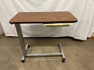 lot 32 image: Height Adjustable Overbed Table With Slide Out Vanity Compartment & Mirror