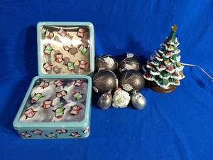 lot 71 image: Stunning Holiday Assortment of Ornaments Small Light Up Christmas Tree and Tins with 4 Ramekins