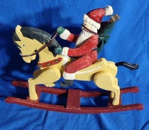 lot 163 image: Vintage Wooden Santa on a Wooden Rocking Horse