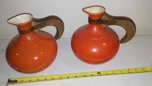 (2) Vintage Ceramic Pitchers - Wood Handles