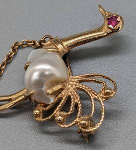 Petite 14k Gold Pearl and Ruby Ostrich Brooch