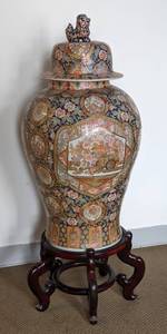 Large and Gorgeous Foo Dog Topped Painted Chinese Temple Jar