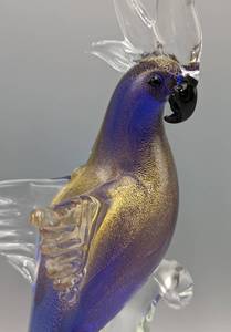 Blue and Gold Murano Hand Blown Glass Parrot Sculpture