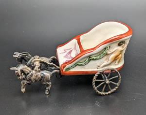 Vintage Miniature Porcelain and 800 Sterling Silver Horse Drawn Chariot