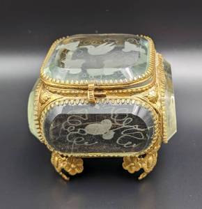Small Antique Etched and Beveled Glass Jewelry Casket Box