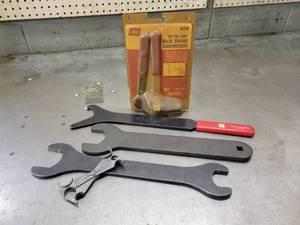 lot 41 image: K-D 3290 Fuel Disconnect Tool, Lisle Valve Spring Compressor Part No. 16750, K-D Fan Nut Wrench Part No. 3473, SP Part No. 61600 and SP 95210