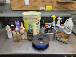 lot 74 image: Evapo-Rust, Dipper w Bucket, Shop Supplies, Spool of Twist Ties and More