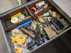lot 63 image: Contents of Drawer - Tools, parts, Hardware and More