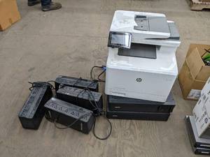 lot 288 image: HP Laser Printer Model MFPM477fdw (Bad Fuser) and (6) Battery Backups (Unknown Condition)