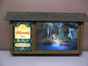 lot 1 image: VINTAGE 1960s HAMMS BEER SCENE-O-RAMA MOTION LIGHT UP SIGN - CAMPFIRE CANOE TENT WATERFALLS - AWESOME FANTASTIC PIECE - WORKS - VERY NICE CONDITION - SEE PICTURES