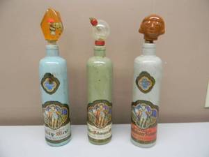 lot 12 image: 3 VINTAGE Beameister Crock Wine bottles Liebfraumilch Stoneware Germany, With Unique Toppers - VERY COOL UNIQUE SET - SEE PICTURES