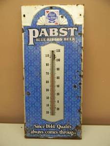 lot 43 image: VINTAGE PABST BLUE RIBBON BEER METAL THERMOMETER - FANTASTIC PIECE - PATINA - APPROX 9 By 20 - SEE PICTURES