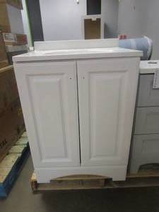 lot 301 image: Glacier Bay 24.5 in. W x 18.63 in. D x 35.38 in. H Bath Vanity in White with Cultured Marble Vanity Top in White with White Basin (TINY SCUFF ON SIDE OF DOOR)