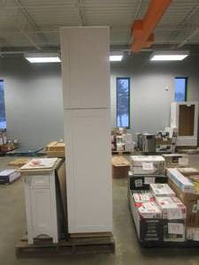 lot 330 image: Hampton Bay Shaker Satin White Stock Assembled Pantry Kitchen Cabinet (18 in. x 84 in. x 24 in.) (NICE CONDITION)