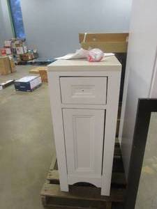 lot 332 image: Glacier Bay Modular 12 in. W x 18.75 in. D x 30.88 in. H Floor Hutch in White with Solid Surface Technology Top in Silver Fox (DOOR STOP BROKEN)