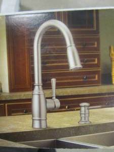 lot 345 image: MOEN Noell 1-Handle Pull-Down Sprayer Kitchen Faucet with Reflex, Soap Dispenser and Power Clean in Spot Resist Stainless (NEW)
