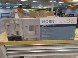 lot 347 image: MOEN Banbury 3-Piece Bath Hardware Set with 24 in. Towel Bar, Toilet Paper Holder, and Towel Ring in Brushed Nickel (OPEN BOX)