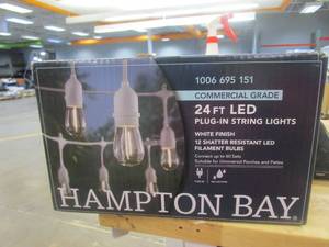 lot 354 image: Hampton Bay IndoorOutdoor 24 ft. 12-Light Plug-In Edison Bulb String Light with S14 Single Filament LED Bulbs in White Cord (OPEN BOX)