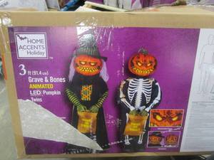 lot 364 image: Home Accents Holiday 3 ft Halloween Animated LED Pumpkin Twins Halloween Animatronic (OPEN BOX)
