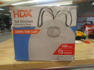 lot 378 image: HDX HDX 13 Gal. FLEX White Drawstring Kitchen Trash Bags (150 Count) (OPEN BOX)