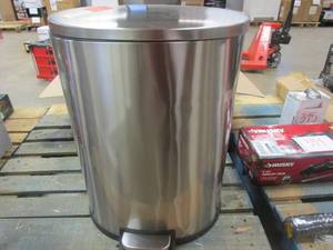 lot 396 image: StyleWell SW 13 gal. Stainless Steel Step-On Trash Can D-Shaped (DENTED IN SOME AREAS, LID DOES NOT CLOSE CORRECTLY)