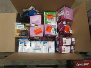 lot 397 image: Bin of Electrical Items (LIGHT BULBS, BREAKERS, COAX CABLE, SWITCHES & MORE)