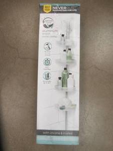 lot 118 image: Zenna Home NeverRust Aluminum Tension Corner Shower Caddy in Satin Chrome and Frosted - SOLD AS IS