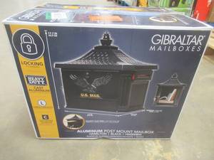 lot 26 image: Gibraltar Mailboxes Hamilton Premium, Black, Large, Locking, Aluminum, Post Mount Mailbox - SOLD AS IS