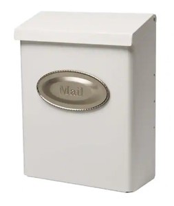 lot 65 image: Gibraltar Mailboxes Designer White with Satin Nickel, Medium, Steel, Locking, Wall Mount Mailbox - SOLD AS IS
