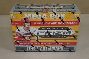 lot 135 image: 2021 Panini Prizm Draft Picks Mega Box of Baseball Card Packs