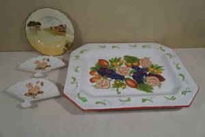 lot 158 image: Majilly Hand Painted Serving Tray with Royal Doulton Plate and 2 Japanese Hand Fan Plates