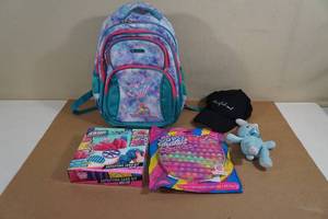 lot 197 image: Assorted Toys -Jumbo Pop It, Back Pack, Magic Sand, Hat, Bunny
