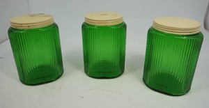 Set of Three Vintage Green Ribbed Glass Canisters with Metal Lids-Green Hoosier Jar...WOW